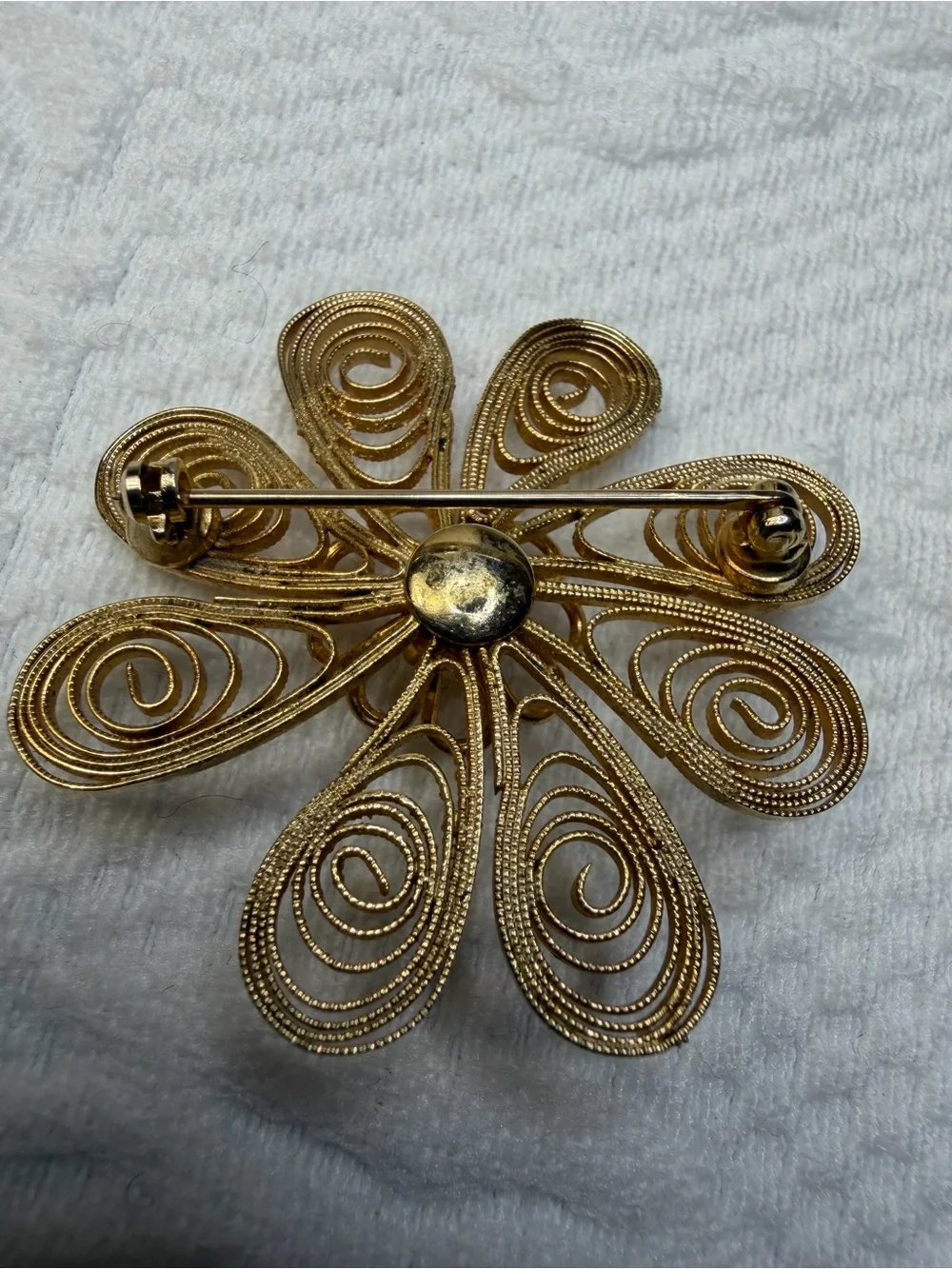 Gold-Tone Filigree Flower Brooch with Pearl Accent
